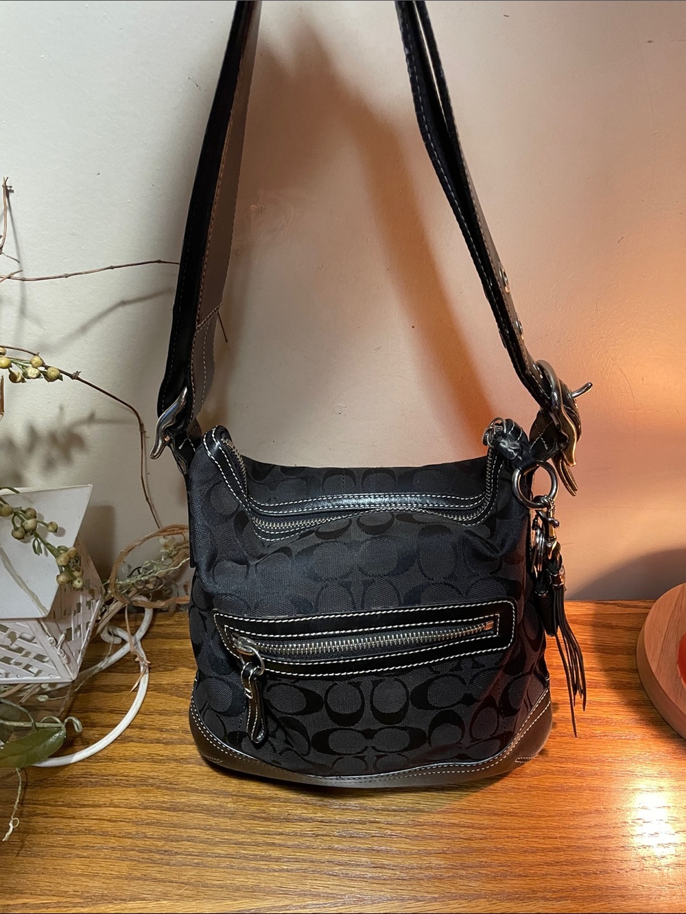 Coach Black Signature Jacquard Shoulder Bag with Tassel Charm